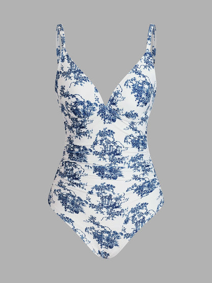 CUPSHE Women's One Piece Swimsuit Bathing Suit V Neck Ruched Adjustable Straps Spaghetti, XS
