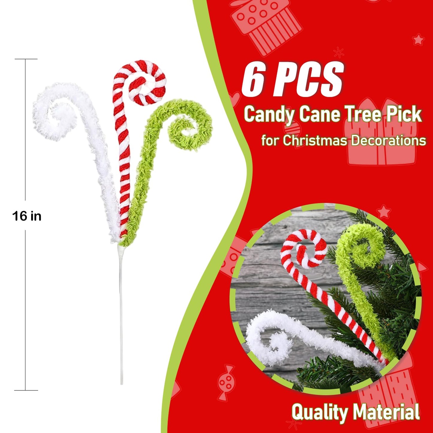 Christmas Tree Picks 6 Pcs Candy Cane Christmas Decorations 16" Xmas Tree Topper Elf Pick Red Green and White Woolen Curly Lollipop Pick Large Ornaments for Xmas Tree Filler, Wreath, Vase Home Decor