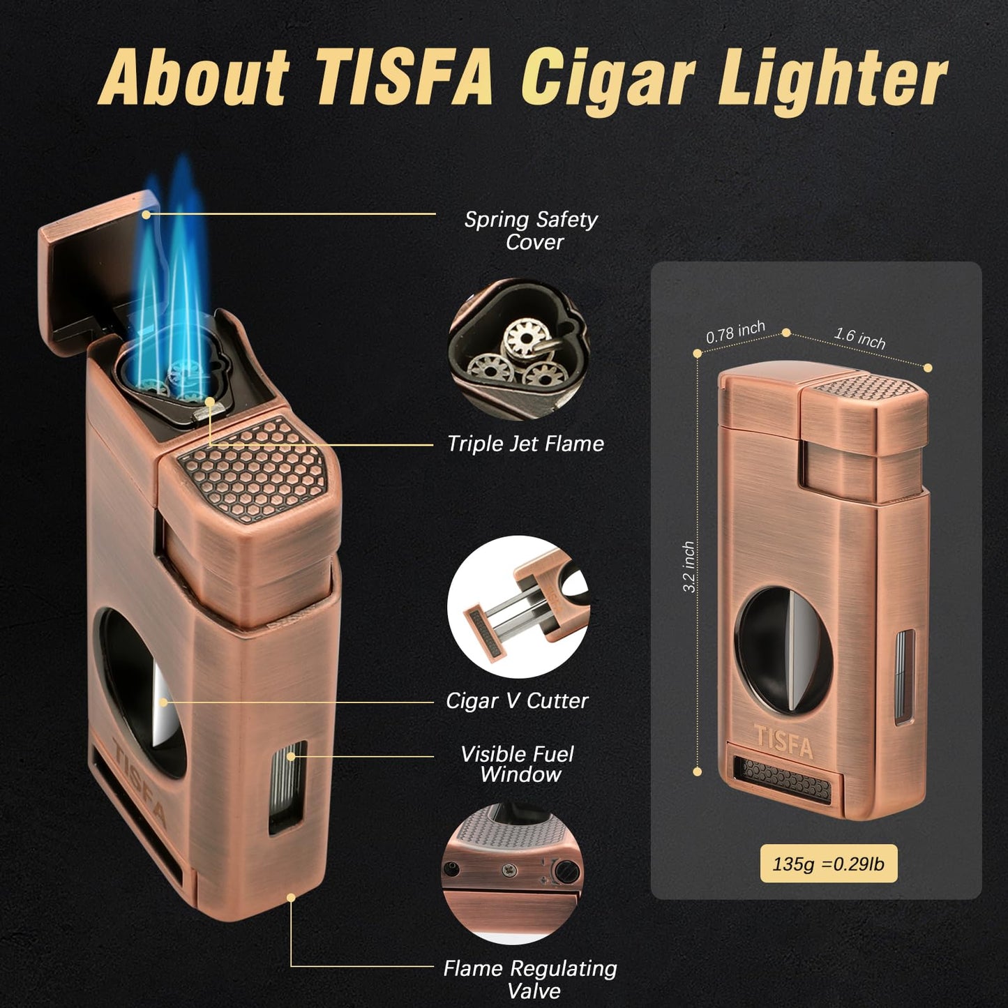TISFA Cigar Humidor, Leather Cigar Case with Cigar Lighter, Cigar Cutter V Cut, Cigar Stand 3 in 1, Portable Travel Humidor with Humidifier, Cigar Gift Cedar Wood Cigar Box (Dark Brown)