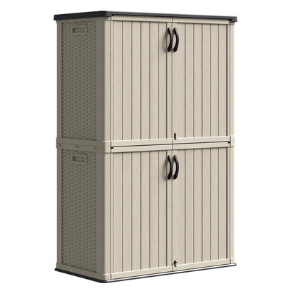 Patiowell 50 cu.ft Plastic Outdoor Storage Shed, Lockable Waterproof Resin Storage Cabinet Vertical Storage Shed for Garden Tools, Garbage Cans, Pool Supplies, Beige(Not Include Shelves)