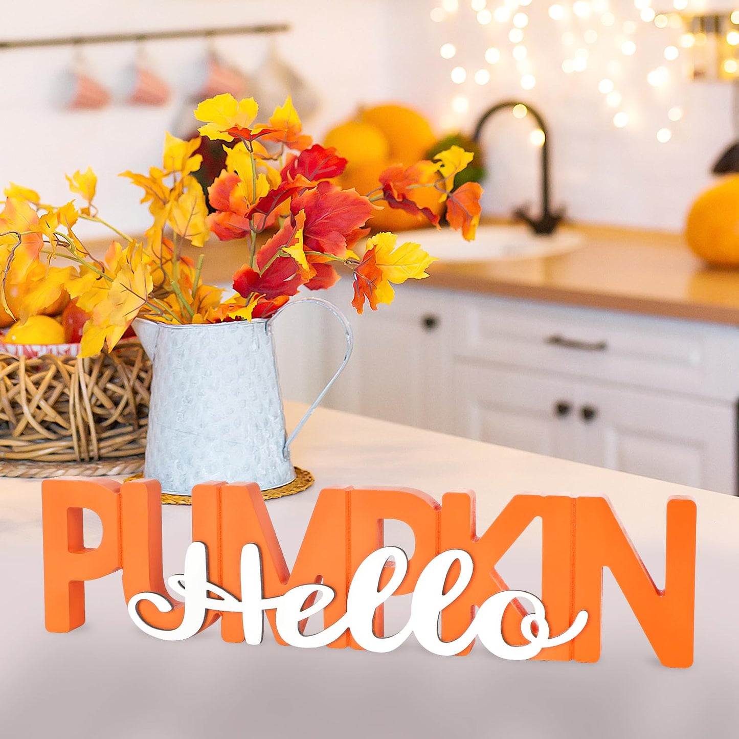 COCHIE Wooden Hello Pumpkin Sign, Fall Decorations for Home, Office, Shelf, Mantel, Indoor, Wood Autumn Decor, Fall Table Top Party Decoration (Hello Pumpkin)