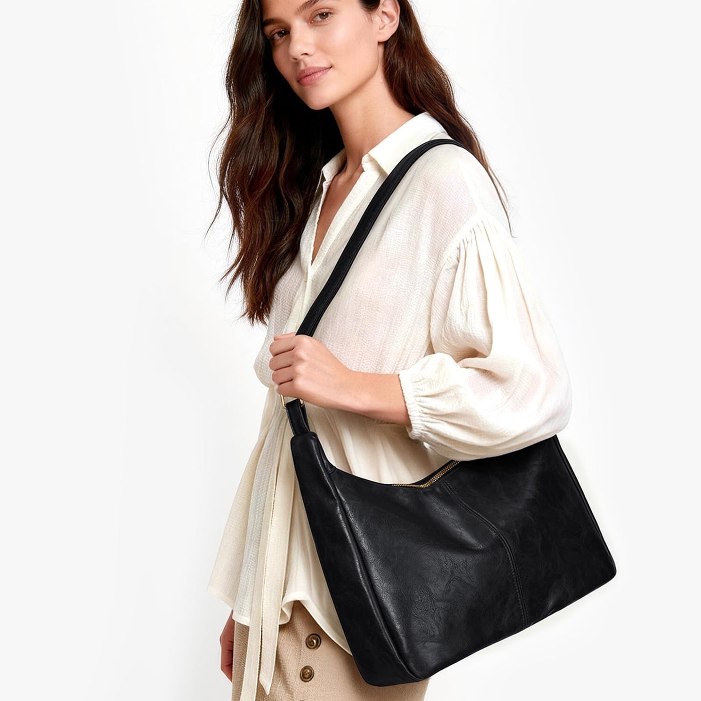 AnBlack Shoulder Bags for Women Leather Crossbody Bags Slouchy Hobo Bag Purse Daily Slouchy Tote Purses(Black)