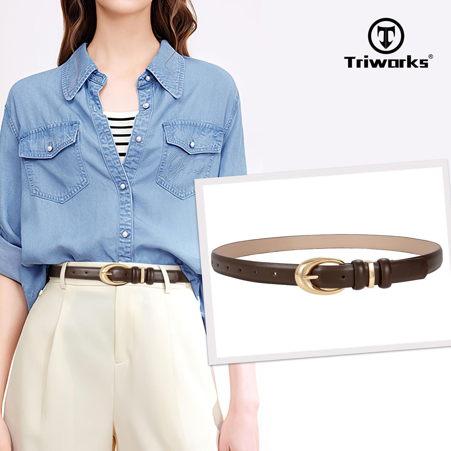 TRIWORKS Women Leather Belt for Jeans Pants Fashion Ladies Skinny Faux Leather Dress belt with Gold Buckle