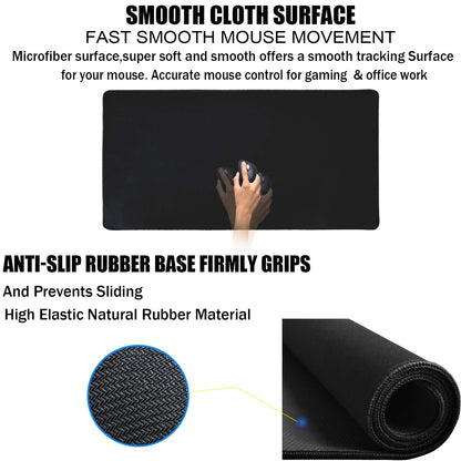 TEDNETGO Large Gaming Mouse Pad, Waterproof Extra Large Big Mouse Pad with Stitched Edge, XXL Non-Slip Black Computer Long Mousepad Desk Mat for Gamer, Office & Home, Black