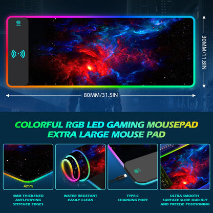 ToLuLu RGB Gaming Wireless Charging Mouse Pad, 5/7.5/10/15W 10 Light Modes LED Mouse Pad Computer Keyboard Mat Mousepad, 800x300x4MM Extended Large Desk Mat for Gaming, MacBook, Laptop, PC, Galaxy