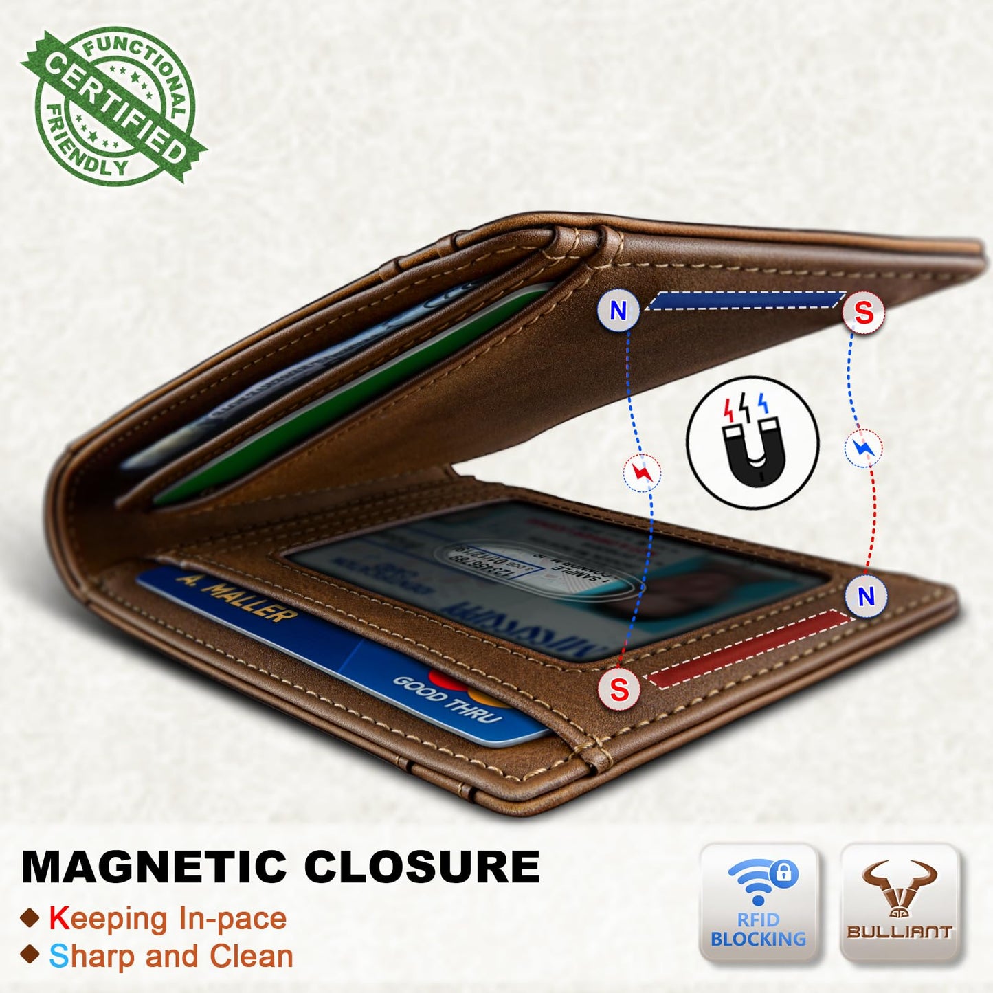 BULLIANT Men Full Grain Leather Wallet, Slim Magnetic Front Pocket Wallet 10Cards, RFID Blocking 4.2" x3”