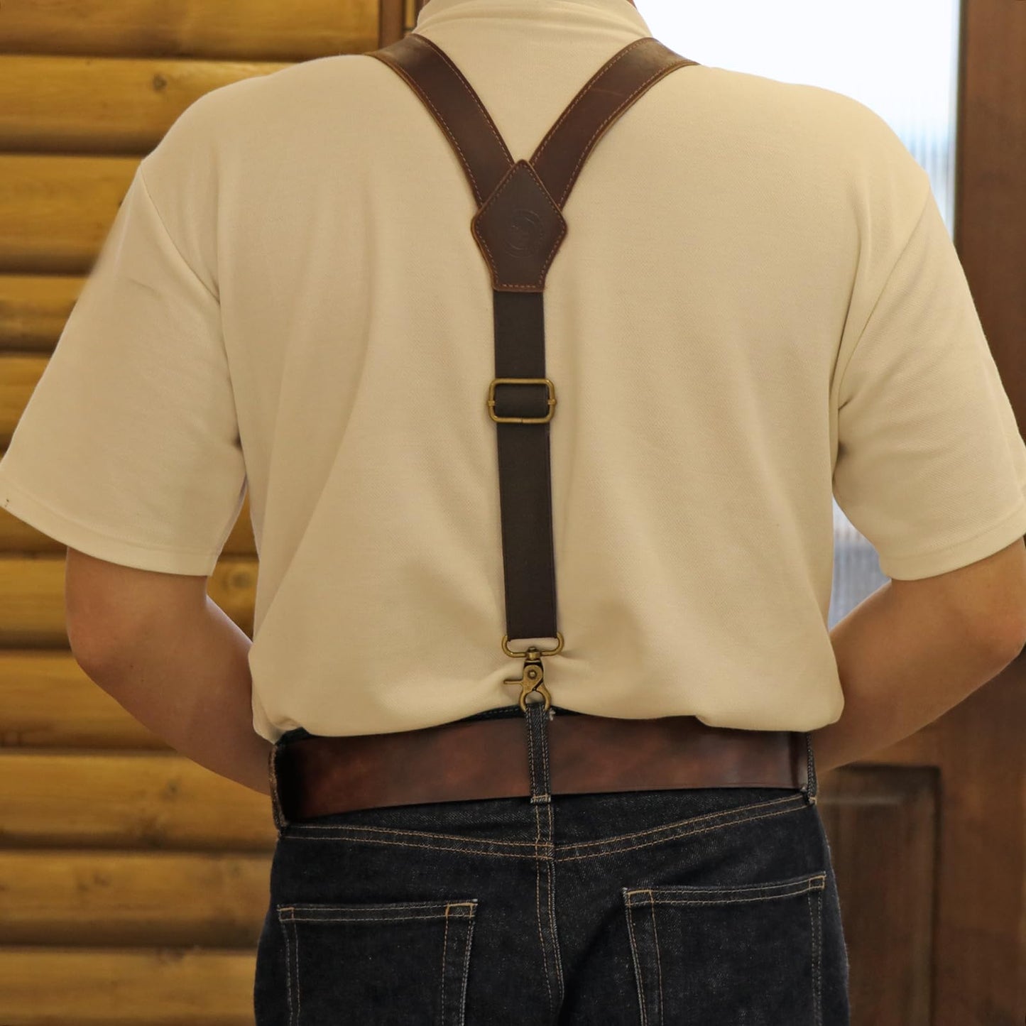 Tourbon Genuine Leather Suspenders for Men Heavy Duty Y Back Design Adjustable Straps with 3 Metal Snap Hooks, Brown