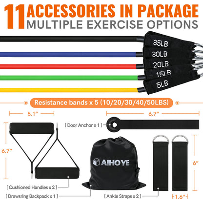 Aihoye Resistance Bands for Working Out, Exercise Bands with Handles, Stretch Bands for Exercise, Workout Bands with Door Anchors for Physical Therapy & Strength Training