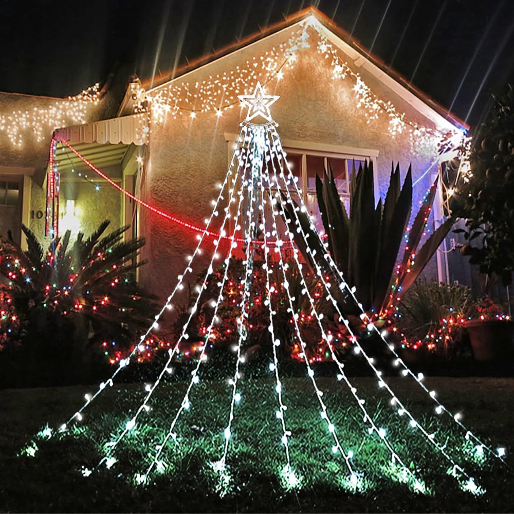 Aokudoni Christmas Decorations Outside, 12.6FT 350 LED 8 Modes Star Christmas Lights Outdoor for House Yard Porch Holiday Decoration, Cool White