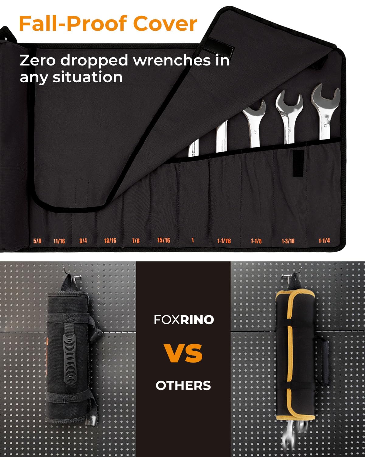 Foxrino Wrench Roll, Wrench Roll Up Pouch, 17-Pocket Heavy Duty Canvas Wrench Organizer Bag for SAE Combination Wrenches, Portable Tool Roll Bag, Gifts for Men for Fathers Day (Black, 17+1 SAE)