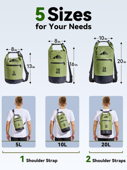 HEETA Waterproof Dry Bag with Front Zippered Pocket for Women Men, Roll Top Lightweight Dry Storage Bag Backpack for Travel, Kayaking, Boating, Rafting, Camping, Hiking & Beach (Green, 10L)