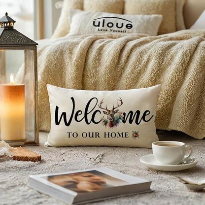 Winter Welcome Throw Pillow Covers 12 x 20 Inch Farmhouse Seasonal Holiday Decorative Lumbar Pillowcases with Rustic Deer Design Cushion Covers for Front Porch Decor (Reddish Brown)