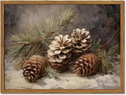 Framed Vintage Christmas Canvas Wall Art, Pine Cones Wall Decor Paintings, Winter Holiday Aesthetic Pictures Prints Rustic Home Decor for Living Room Bedroom Farmhouse 16×24 inch