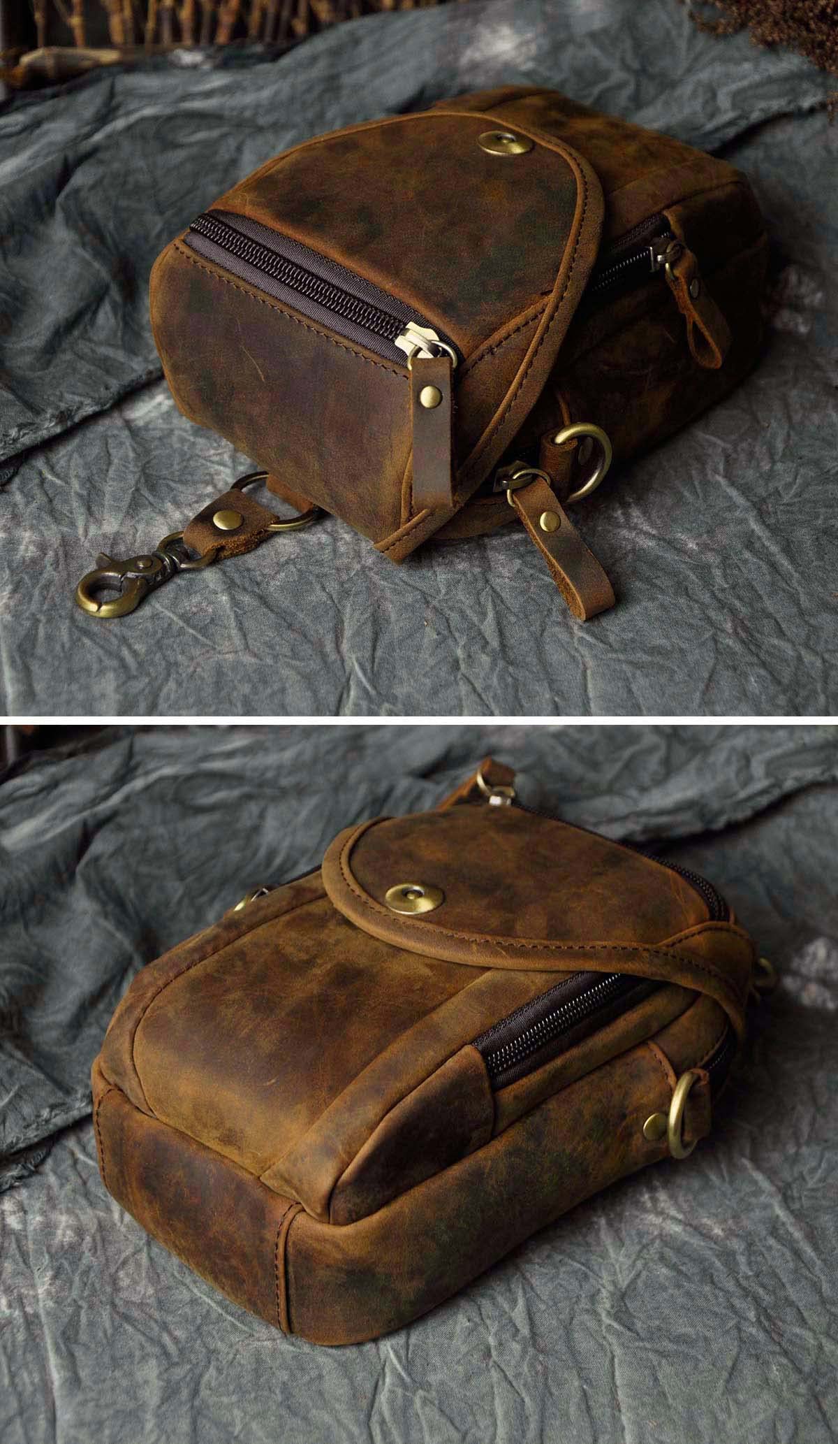 Le'aokuu Mens Vintage Small Messenger Shoulder Satchel Genuine Leather Waist Bag Pack (Dark Brown)