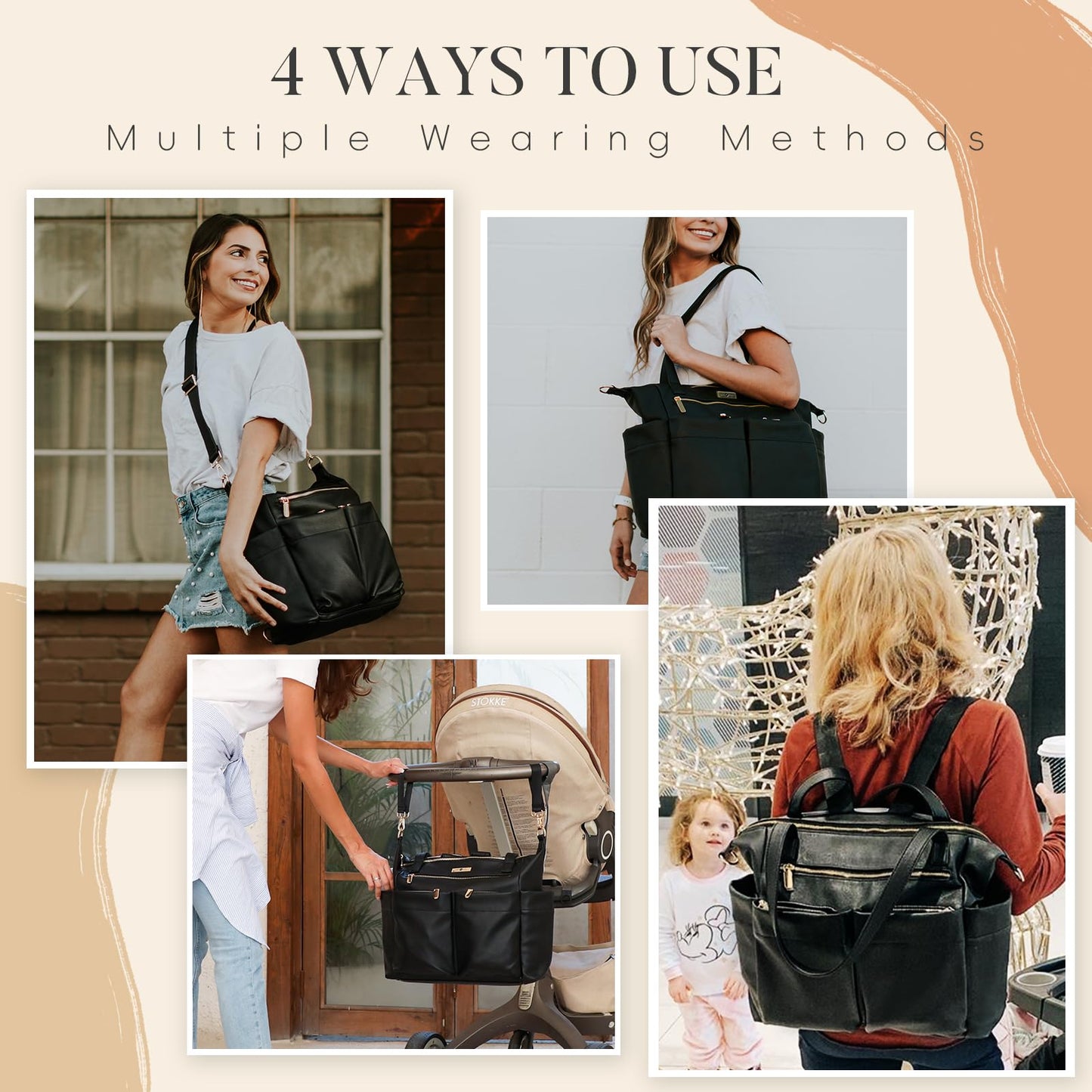 miss fong Diaper Bag Tote Leather Diaper Bag Backpack Pañaleras Para Bebe with 15 Pockets,Leather Diaper Tote with Diaper Changing Pad, Baby Bag for Moms Mommy Bag for Women-Black