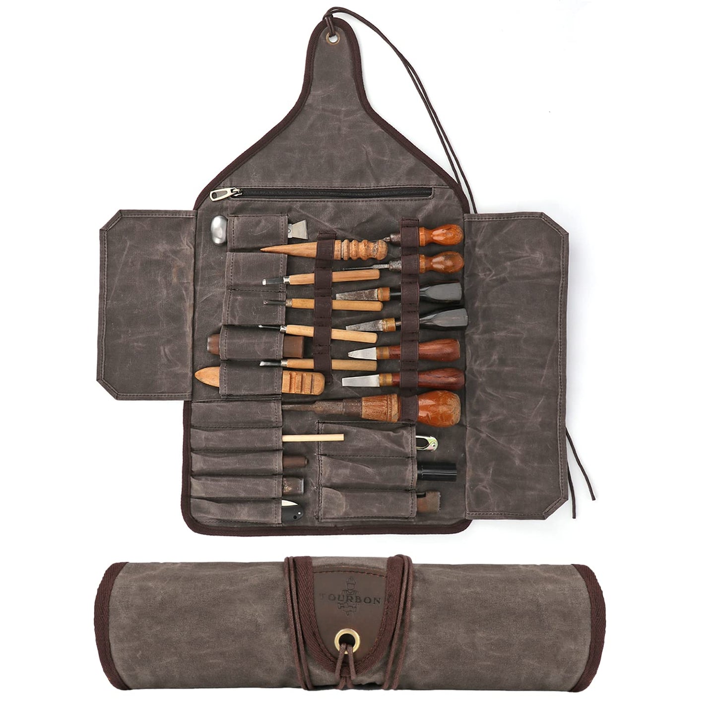 TOURBON Waxed Canvas Tool Roll Up Bag, 25-Pocket Wood Carving Chisel Carrying Case, Multi-Purpose Tool Pouch with Zipped Compartments