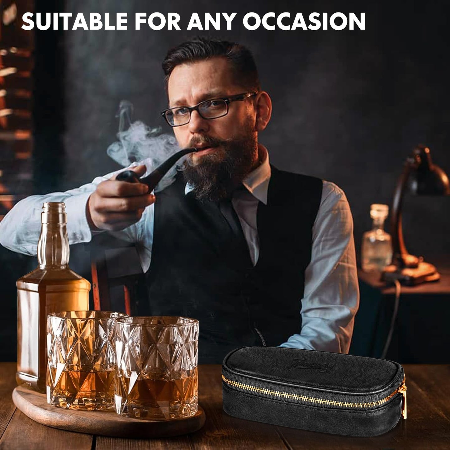 Tesonway Pipe Pouch, PU Leather Pipe Case/Pipe Bag for 2 Pipes and Pipe Cleaners, Screens, Tamper and Other Smoking Pipe Accessories, Pipe and Accessories Not Included (Black)