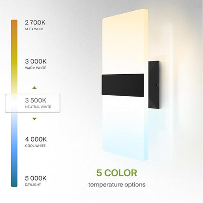 ASD 14 Inch LED Indoor Wall Sconce - Modern Interior 24W 120V 2700K-5000K Adjustable Dimmable Wall Mounted Light Fixtures, Acrylic Glass Wall Lights for Stairway, Hallway - ETL, Matte Black 2 Pack