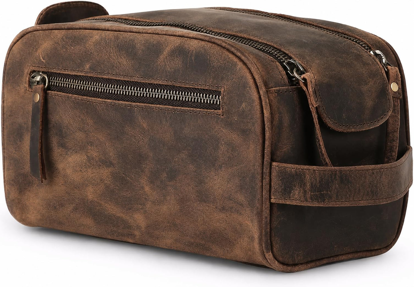 Leather Toiletry Travel Bag with Waterproof Lining, Large Capacity Vintage Dopp Kit, Shaving & Cosmetic Organizer for Men & Women - Brown