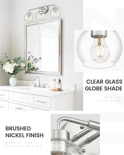 zeyu 23 Inch Bathroom Wall Light Fixtures, 3-Light Vanity Lighting Fixture, Brushed Nickel Finish with Clear Glass Globe Shade, ZS62BG-3W BN
