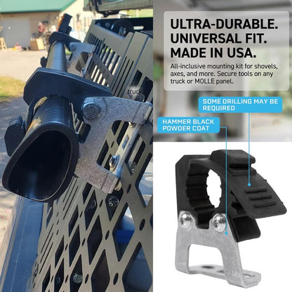 Rago Fabrication Molle Panel Mounts with Quick Fist Clamps for Shovels and Axes - CNC Cut Aluminum Mounting Brackets for Truck Beds - Made in USA
