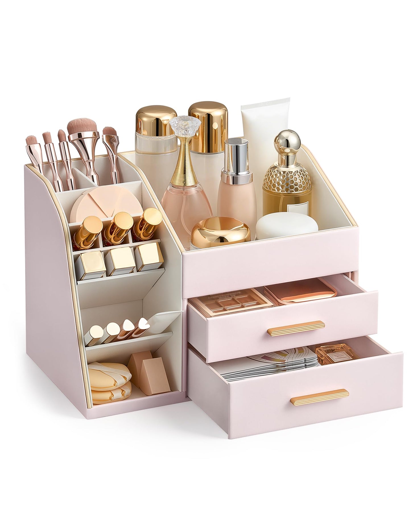 Lolalet Makeup Organizer Countertop with Drawers, Easy to Clean PU Leather Storage Box, 3-Layer Cosmetic Holder for Skincare, Lipstick, Perfume & Brush, Display Case for Vanity Dresser Bathroom - Pink