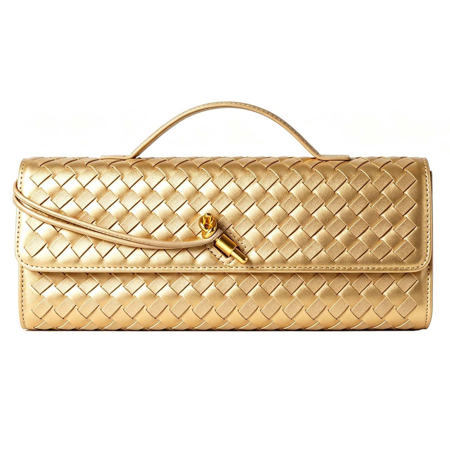 Hoochie Masa Woven Clutch Purse for Women Designer Shoulder Handbag Leather Crossbody Evening Bag with Detachable Chain (Gold)