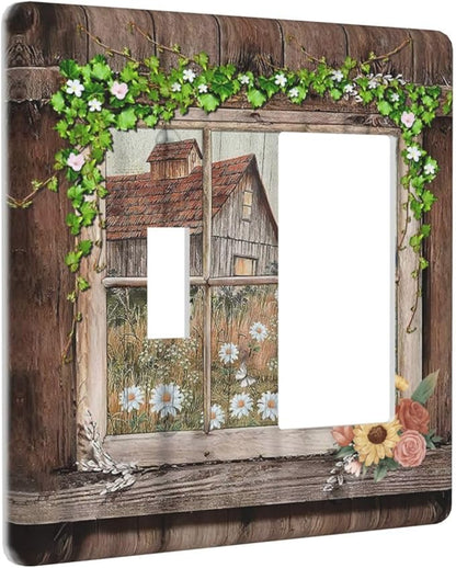Farm Barn Farmhouse Rustic Country Flower 2 Gang Combination Light Switch Cover Decorative Toggle Rocker/Decora Wall Plate Electrical Faceplate for Bathroom Kitchen Home Decor