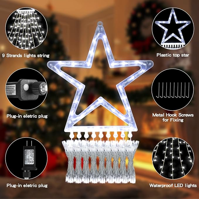 Christmas String Lights Outdoor Decoration 317 LED Star Fairy String Lights 8 Modes & Waterproof for Party Wedding Patio Yard New Year Holiday Indoor Outdoor Cool White