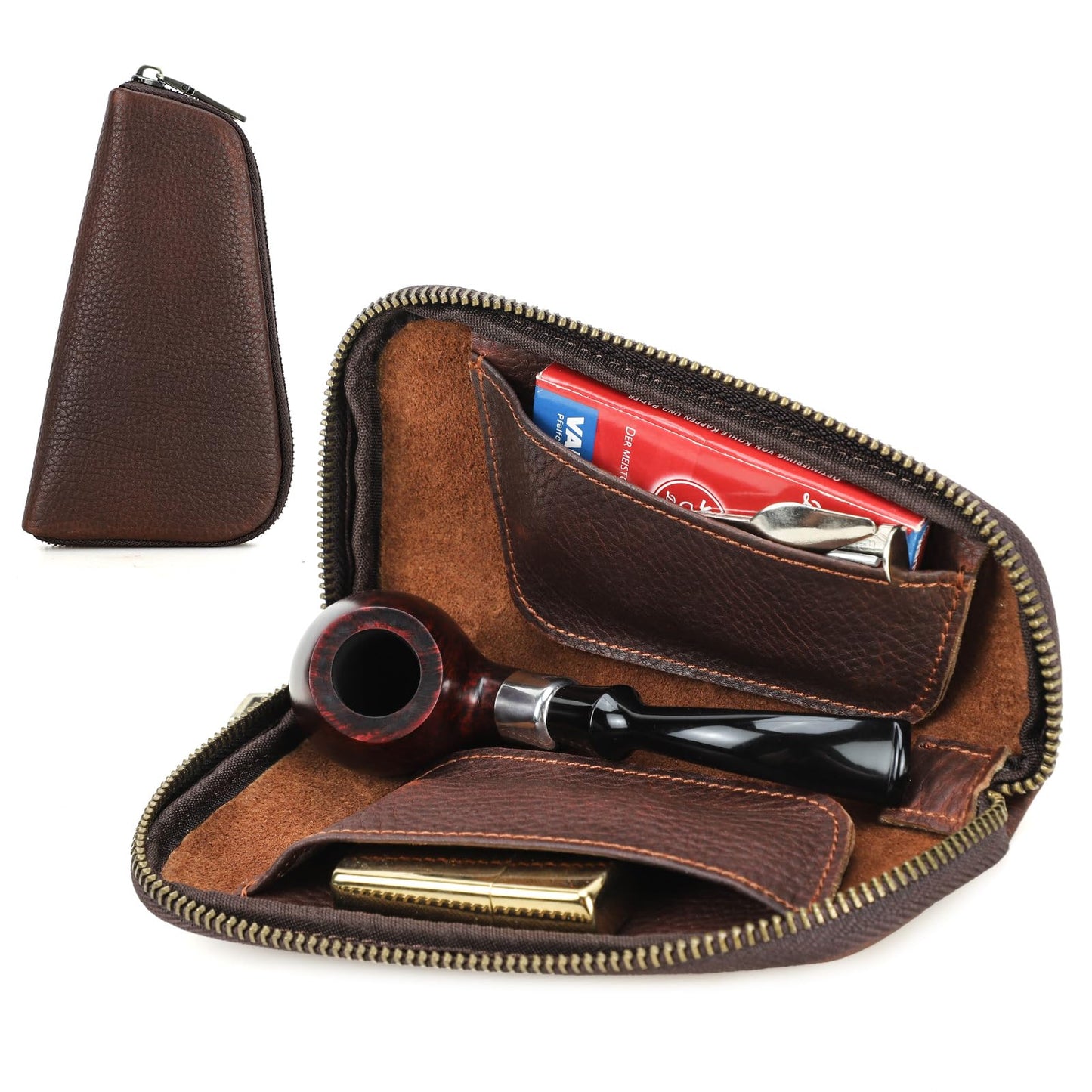 Hiram Handcrafted Pipe Tobacco Pouch, Full Grain Embossed Leather Smoking Pipe Storage Organizer Portable Accessories Tobacco Pouch and Lighter