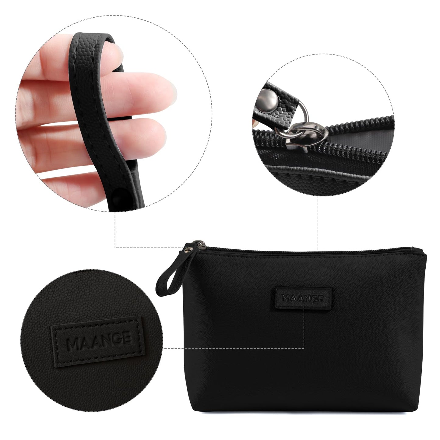 MAANGE Cosmetic Bags for Women Small Makeup Bag for Purse Pu Leather Makeup Pouch Travel Makeup Bag with Zipper Make Up Bag for Travelling (Black)