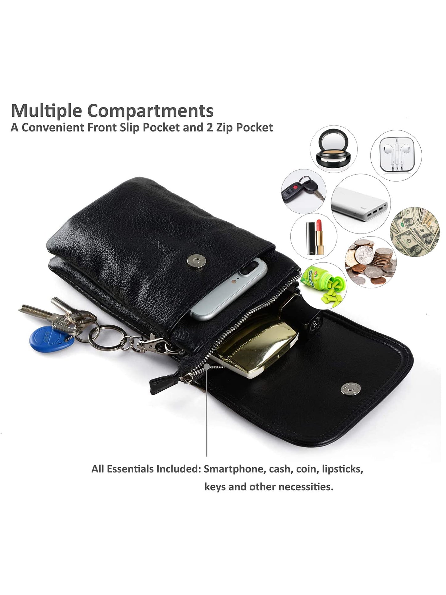 befen Black Genuine Leather Small Crossbody Bags for Women, Cell Phone Purse for Women for Travel