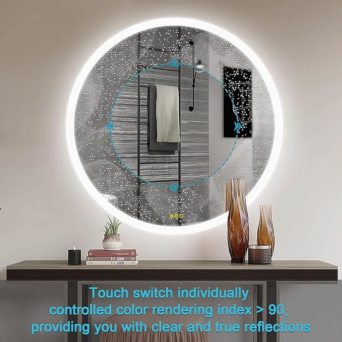 OKISS Wall-Mounted LED Round Bathroom Mirror, Makeup Mirror (28 inches x 28 inches,) 3 Color Stepless Dimmable Memory Bathroom Vanity Mirror with Lights CRI90+ 3000-6400K Smart Mirror with Touch