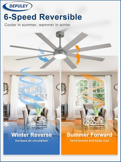 Depuley 66" Ceiling Fans with Lights: Large Indoor/Outdoor Ceiling Fan for Patios Living Room - 8 Blades Silver Dimmable Ceiling Fans with Remote APP Control Timer Reversible Quiet DC Motor 6 Speeds