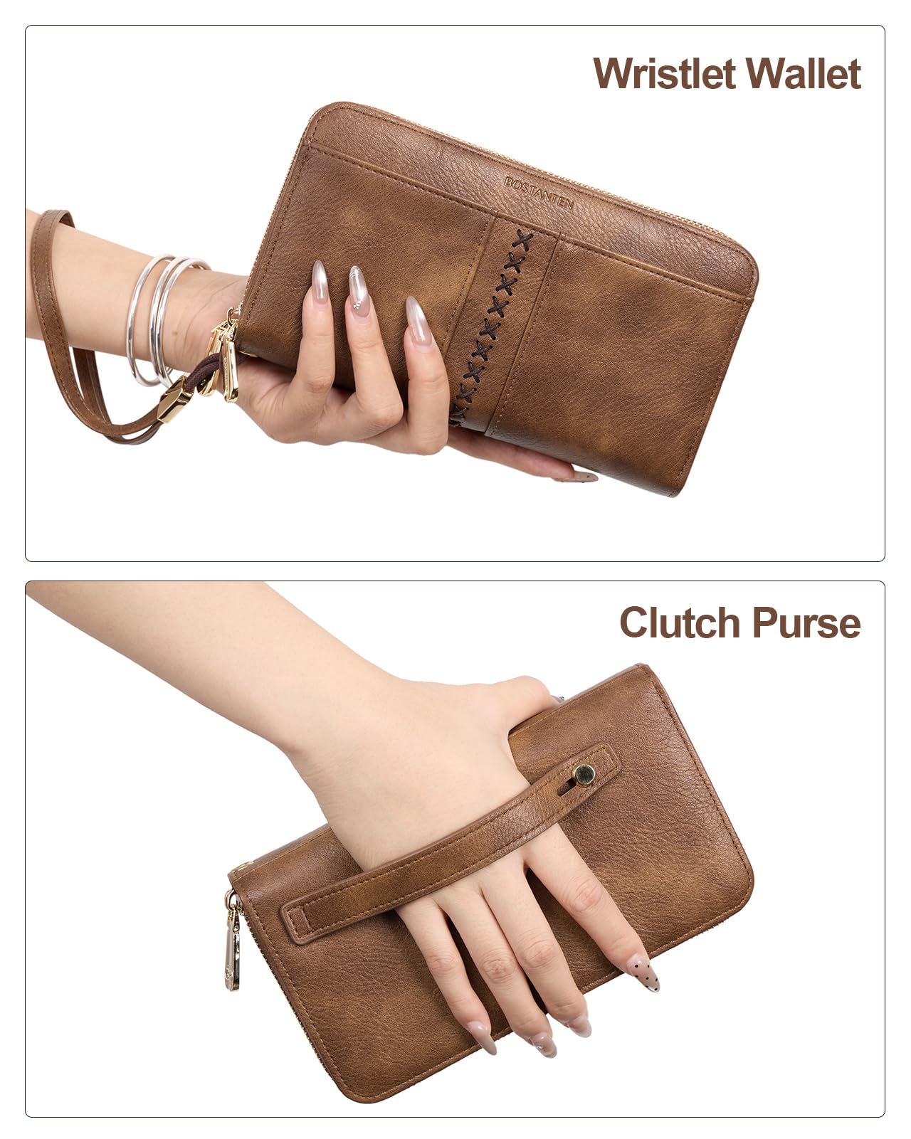 BOSTANTEN Wallets for Women Leather RFID Double Zipper Around Credit Card Holder Large Capacity Wristlet Clutch Wallet with Grip Hand Strap Brown