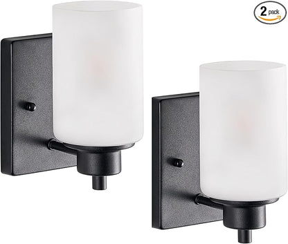 2-Pack Bath Vanity Light Fixture 1-Light, Indoor Farmhouse Bathroom Wall Sconces Lights for Living Room, Porch, Bedside, Black Finish with White Frosted Glass Shades Wall Mounted Lights