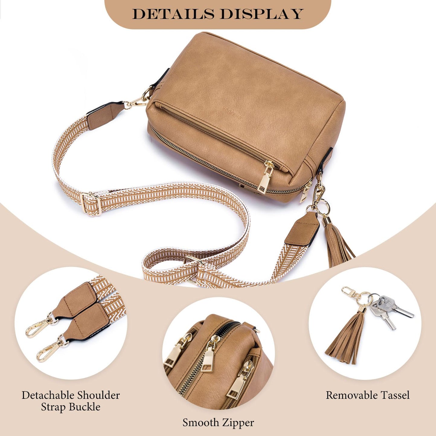 Roulens Triple Zip Small Crossbody Bag for women,Wide Strap Cell Phone Purse Shoulder Handbag Wallet with Credit Card Slots