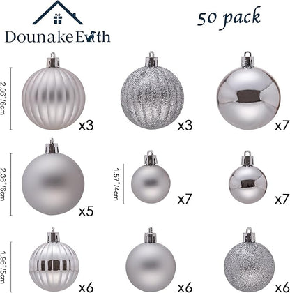 50ct Christmas Balls Ornaments for Xmas Tree, Silver Shatterproof Christmas Tree Decorations Hanging Ball for Holiday Party Decor(1.57"-2.36")