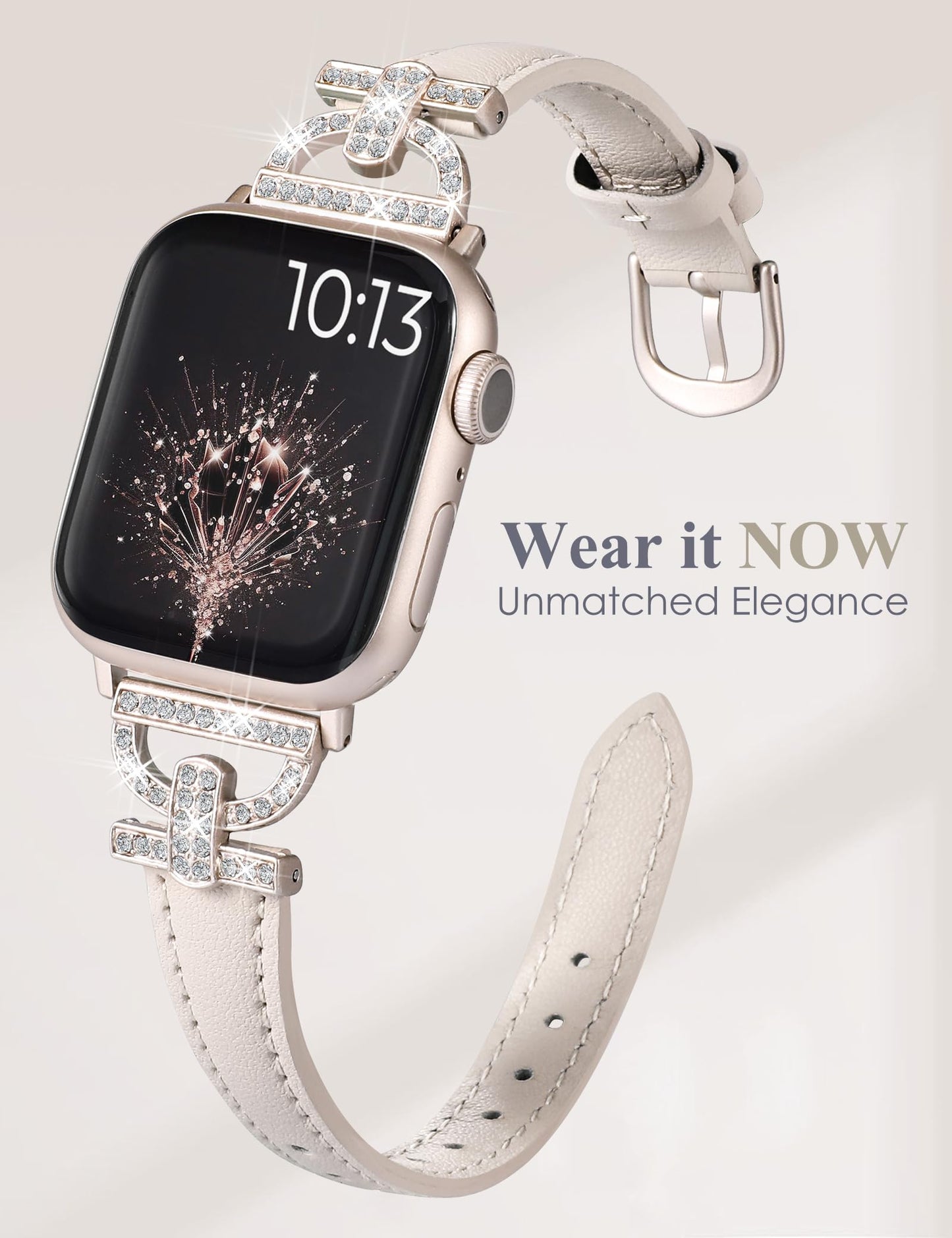 TOYOUTHS Leather Band Compatible with Apple Watch Band Women 42/41/40/38mm Dressy Slim Thin Strap with D-Shaped Diamond Metal Buckle Bracelet for iWatch Series 11 10 9 8 7 6 5 4 SE 3 2 1, Starlight