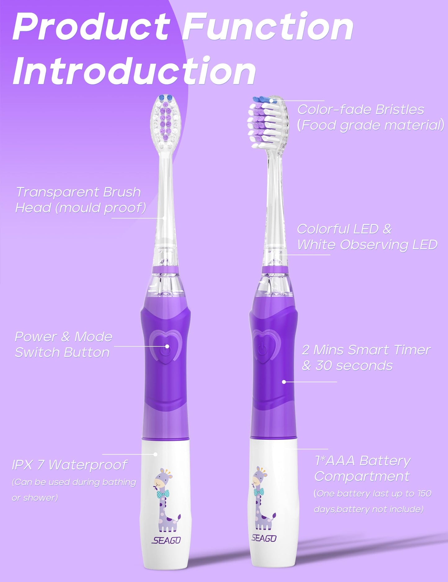 SEAGO Kids Electric Toothbrush with 2 Mins Brushing Timer and 8 Replacement Bursh Heads,Rainbow LED Light Make Brushing Fun, Pink Color Girls Battery Powerd Toothbrush for 4-12 Years Old