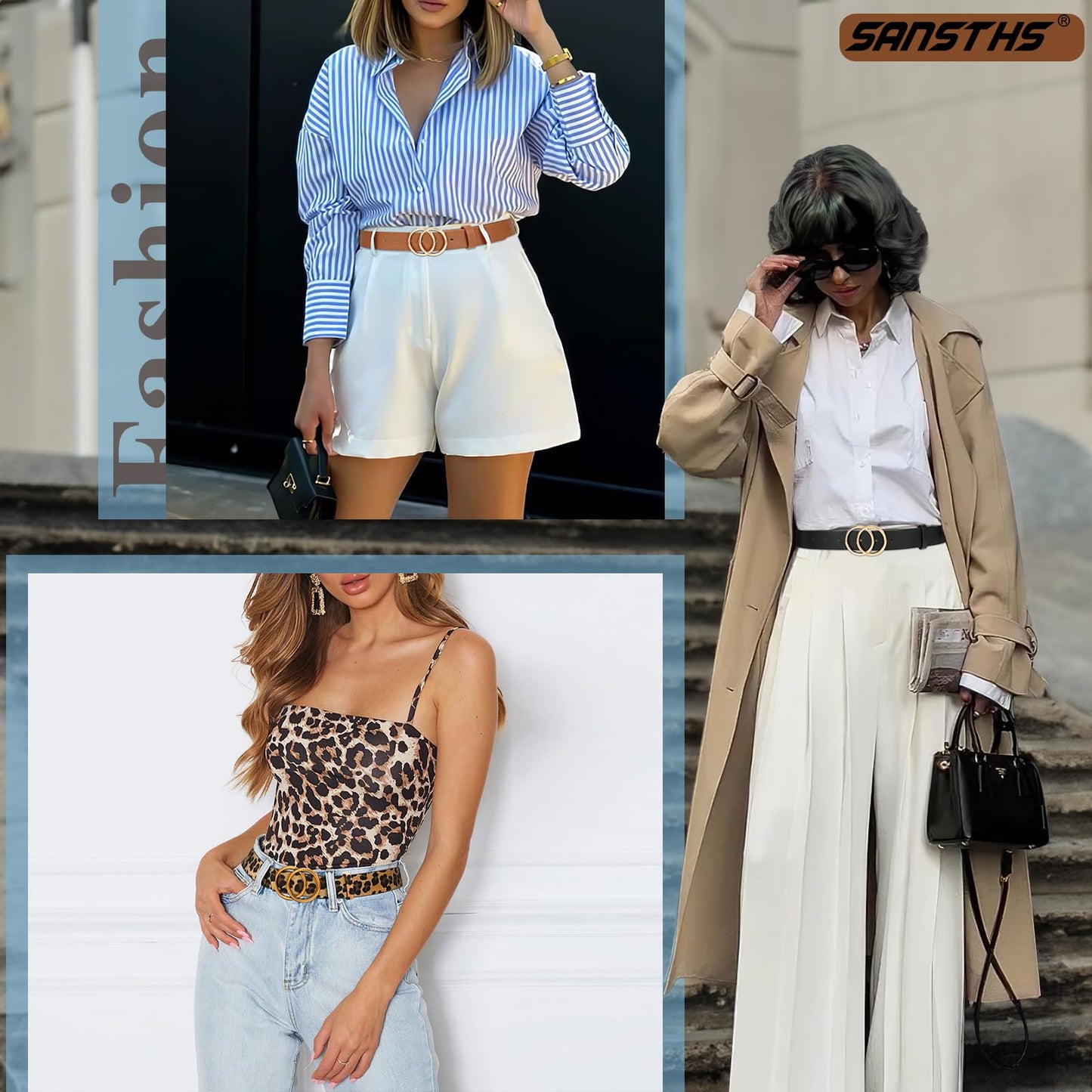 SANSTHS 3 Pack Women Waist Belts for Jeans Pants Dresses, Ladies Belt with Double O-Ring Gold Buckle, Black+Brown+Leopard M