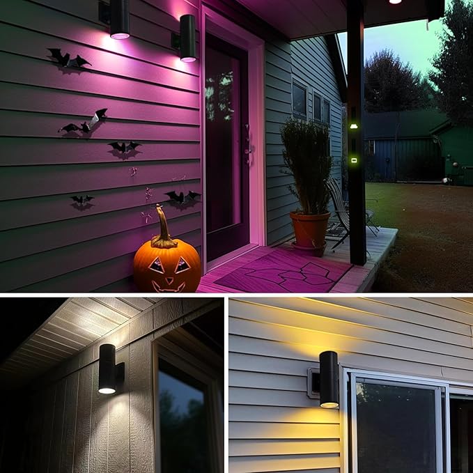 Exterior Double Up Down Outdoor Wall Lights, Mi.Light Remote Control RGB Color Changing 1200lm Warm White 3000k RGB+CCT Cylinder Outdoor Wall Light, Smart LED Exterior Lighting (4 Pack)