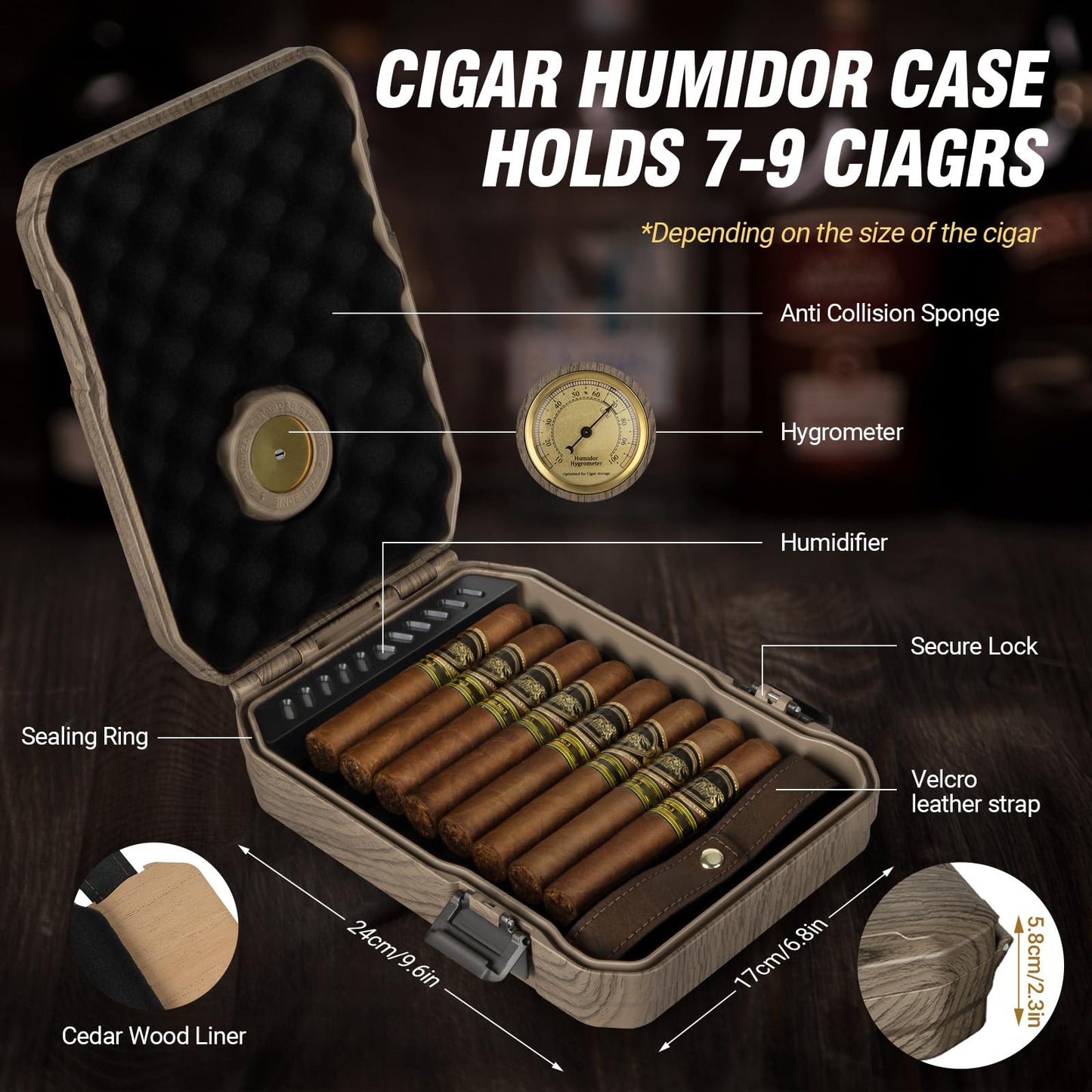 AWOTE Travel Cigar Humidor Case - Cedar Lined, V Cut Cutter, Portable Humidor with Humidifier & Hygrometer, Holds 7-9 Cigars, Includes Lighter - Gift Set