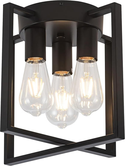 3-Light Flush Mount Ceiling Black Metal Frame Ceiling Light Farmhouse Light Fixture for Kitchen Island Entryway Porch Foyer Dining Room, E26 Ceramic Base