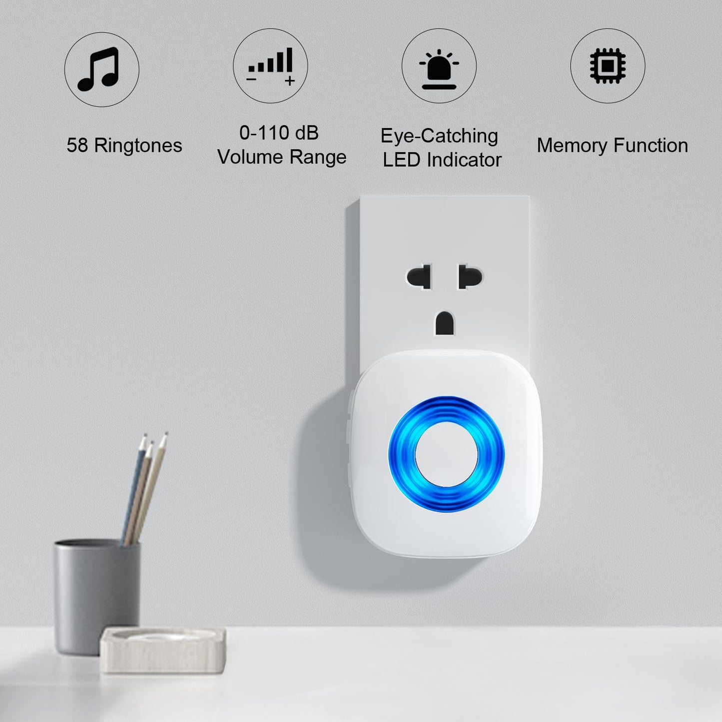 Wireless Doorbell, PHYSEN Waterproof Door bell Chime Kit Operating at 1300-ft Range 58 Adjustable Melodies 5 Volume Levels & LED Flash, Doorbell Alarm for Home/Classroom, 2 Push Buttons+4 Receivers