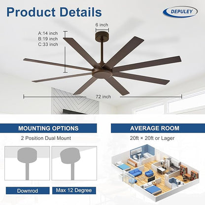 Depuley Large Ceiling Fan without Light: 72 Inch Indoor/Outdoor Fan Reversible DC Motor 6 Speed - Dual 8 Blades Big Ceiling Fans with No Light for Living Room Covered Patio, Brown