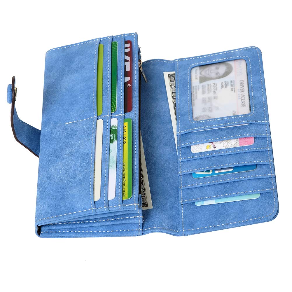 Cynure Women's Vegan Leather 17 Card Slots Card Holder Long Big Bifold Wallet,Light Blue