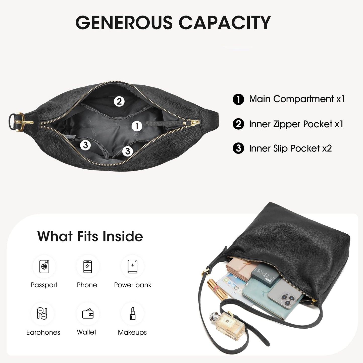Kattee Meduim Leather Hobo Bags for Women, Soft Genuine Leather Crossbody Handbags Shoulder Purse for Work Casual, Black
