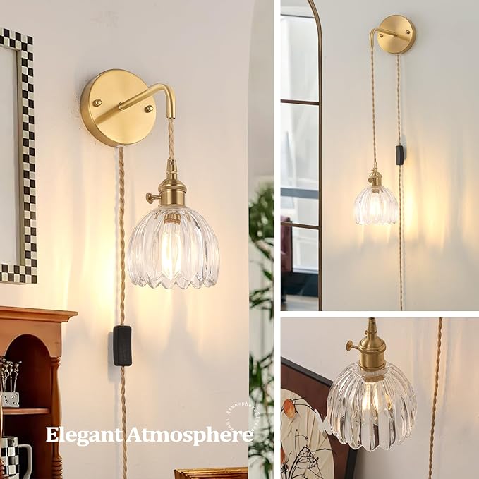 Vintage Wall Sconce Wall Lamp with Clear Tulip Glass Shade Hanging Wall Sconce with 4.9FT Plug in Cord, Modern Wall Lamp Fixtures Decor for Bedside Bedroom Indoor Doorway