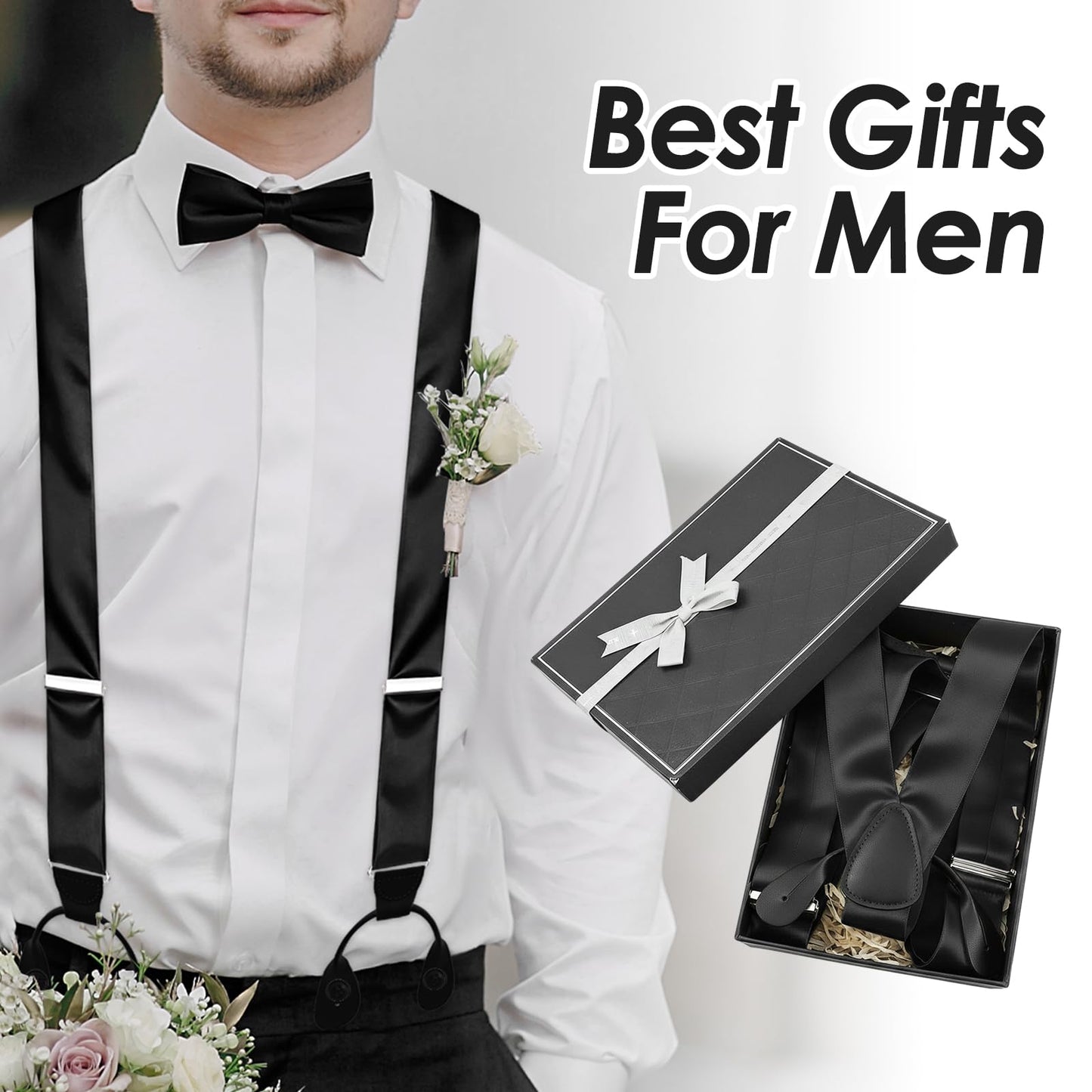 Yearntown Silk Suspenders for Men Black Tuxedo Formal Y Back Suspenders Men 54inch Formal Button End Braces for Tuxedo Pants(Trendy)